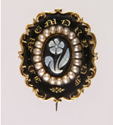 Forget-me-not brooch with enamel, onyz, pearls, c. 1850